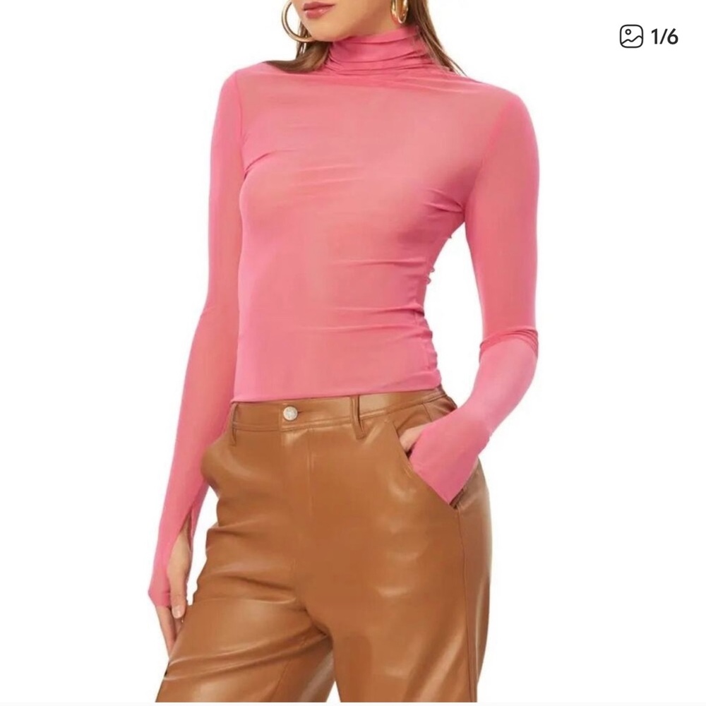 Afrm Zadie Mesh Turtle Neck Bodysuit Pink Size XL Long Sleeves Stretch Sheer